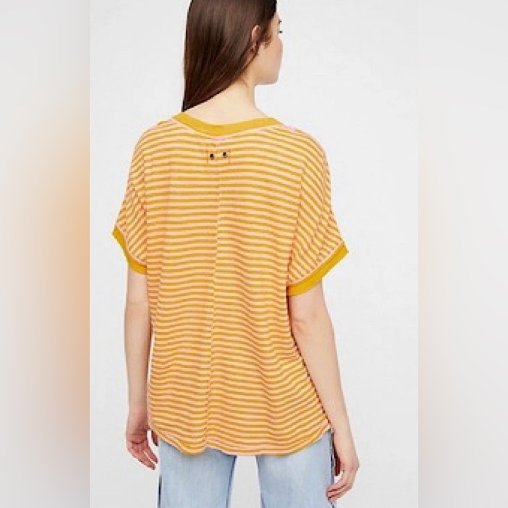 We The Free Take Me Striped Tee in Yellow and Pink V-Neck Tee Size Small - Picture 3 of 7